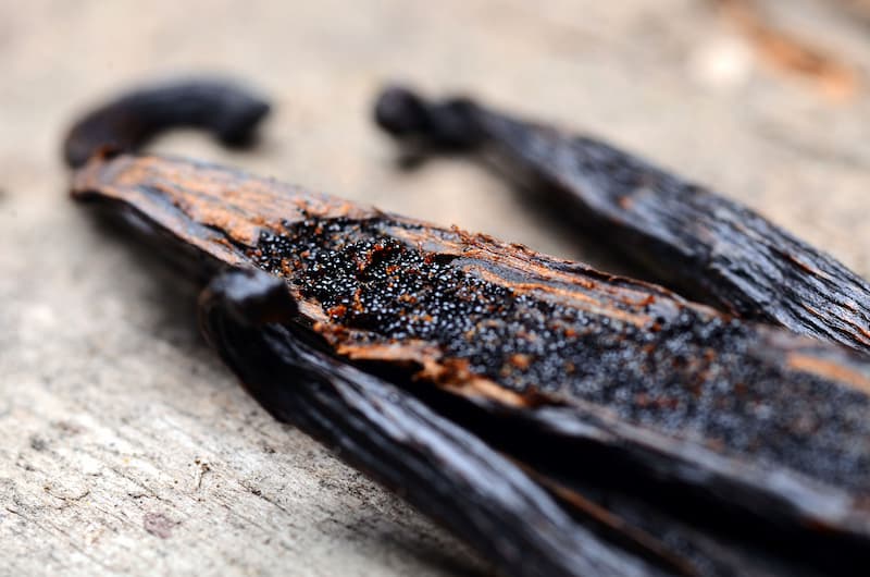 Close-up of a sliced-open vanilla bean